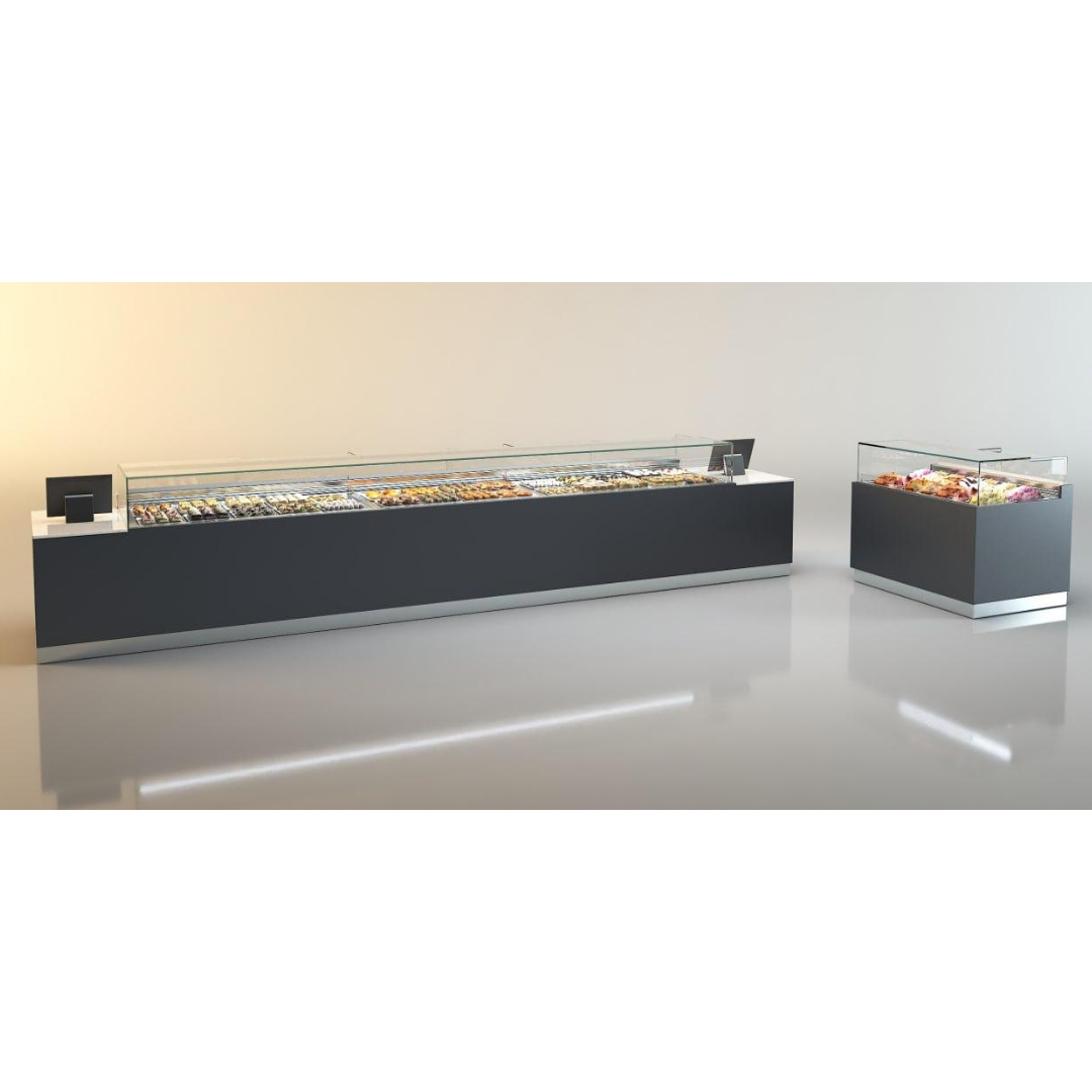 Orion Maestro Rvs 1750 süteményes vitrin M2 üvegfelépítménnyel LED világítással