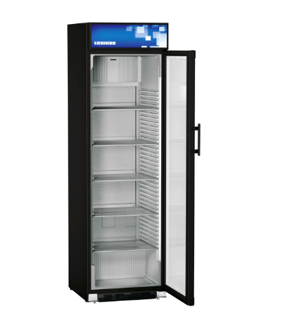 LIEBHERR 412 literes hűtőszekrény, ventilációs hűtéssel, üveg ajtóval, fekete